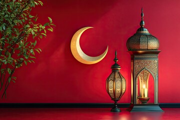 Fototapeta premium Elegant crescent moon and ornate lantern create serene Ramadan a