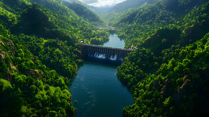 Fototapeta premium Lush Green Mountains with a Serene Reservoir and Hydroelectric Dam Offering Scenic Views