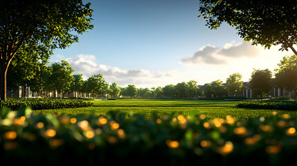 Obraz premium Lush Green Park Landscape with Vibrant Trees Grass and Golden Sunlight Under Blue Sky on a Beautiful Sunny Day