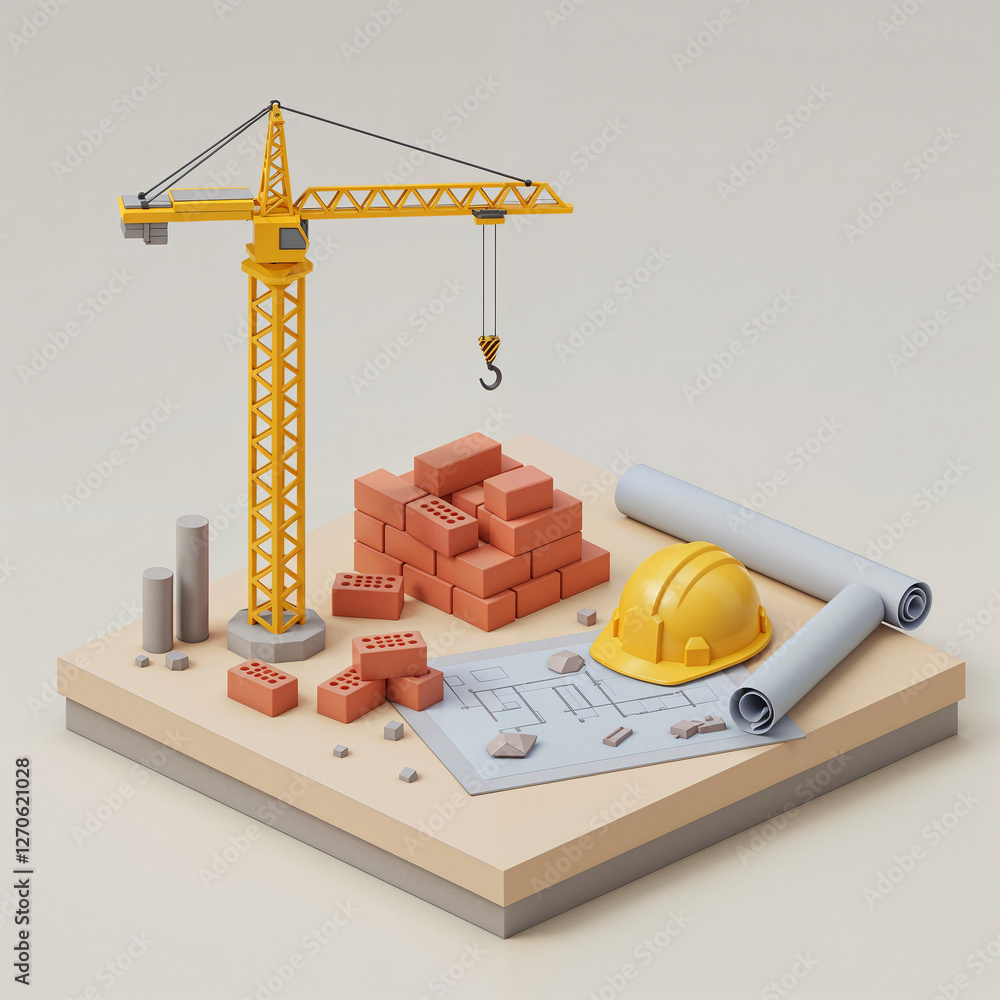 Poster isometric construction with crane and building frame . generative ai