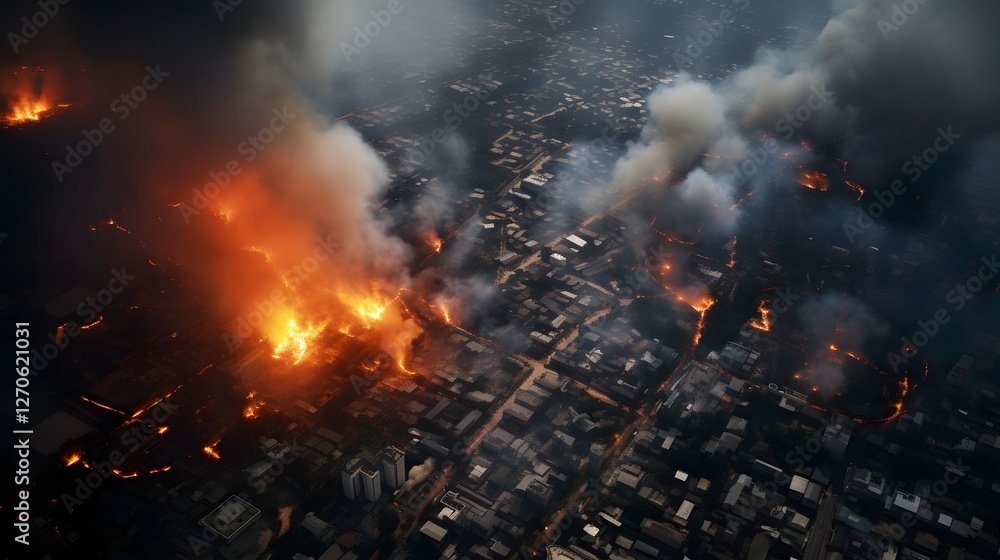 Poster satellite aerial view of a dense urban city skyline with a visible colorful heatmap overlay depictin