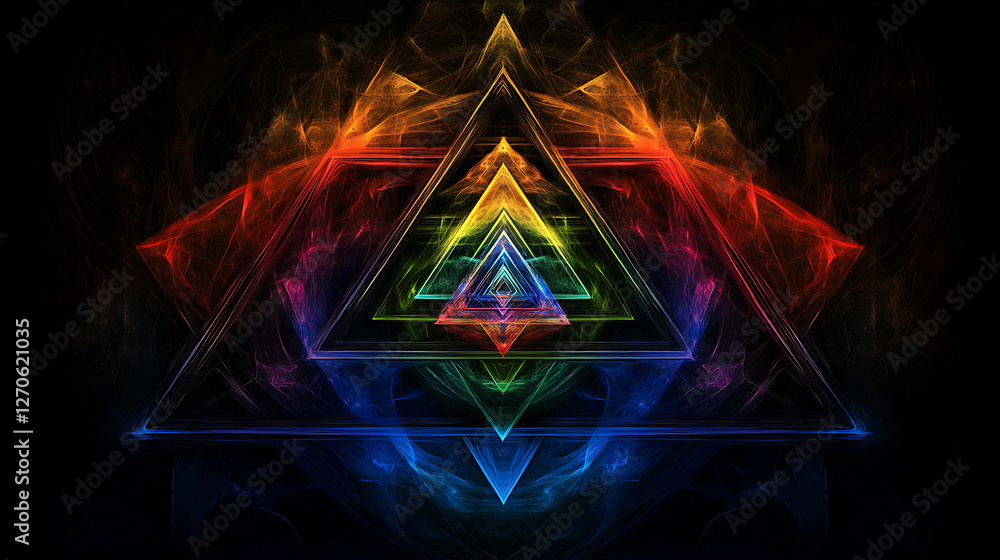 Poster entangled rainbow triangles geometric abstraction abstract pattern spectrum artistic composition