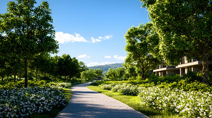 Lush Green Park with Stone Path and Blue Sky on Sunny Day