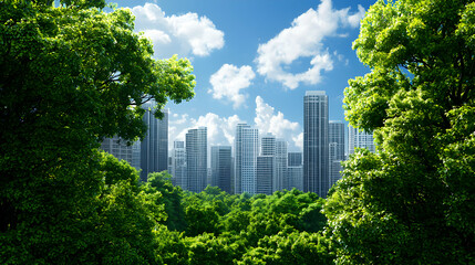 Obraz premium Lush Green Foliage Framing a Distant White Futuristic City Skyline Under a Bright Blue Cloudy Sky