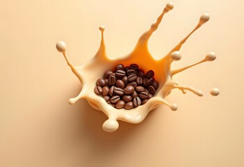 Coffee Splash with Coffee Beans on White Background

