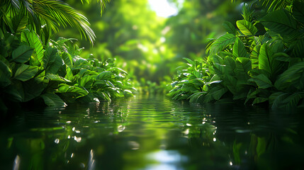Naklejka premium Lush Green Foliage Reflected in Calm River Waters with Sunlight Filtering Through Dense Canopy