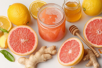 Flat lay of fresh citrus fruits, ginger, honey, and water on a clean white counter, representing natural ways to boost immunity.