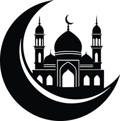 Crescent moon with mosque silhouette vector illustration, Islamic art, Ramadan Kareem design, Eid Mubarak icon, Muslim festival symbol, Arabic architecture, sacred night.