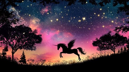 Obraz premium A magical landscape featuring a silhouetted unicorn with wings, floating among stars and a candy-colored rainbow sky.
