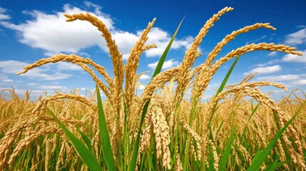 Golden Rice Field Under Clear Blue Sky with Fluffy White Clouds