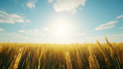 Golden Wheat Field Under Bright Sunlight with Clear Blue Sky