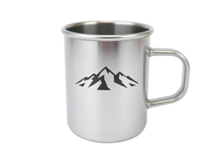 Mug of hot drink with mountains on a transparent background