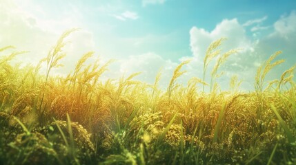 Fototapeta premium Golden Wheat Field Under Blue Sky with Fluffy Clouds and Sunshine