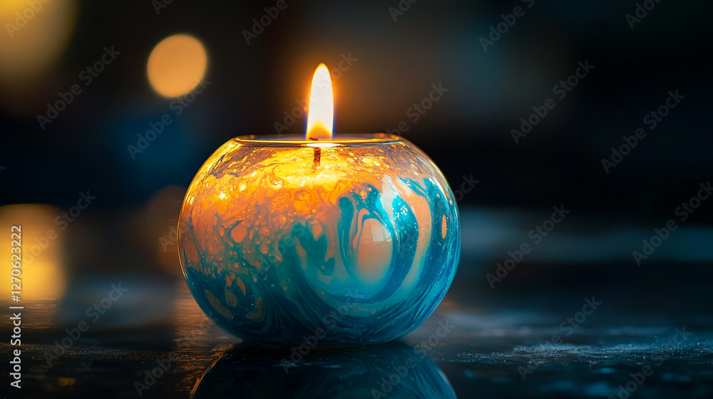 Poster decorative candle with warm flame and colorful swirls in a dim setting during evening