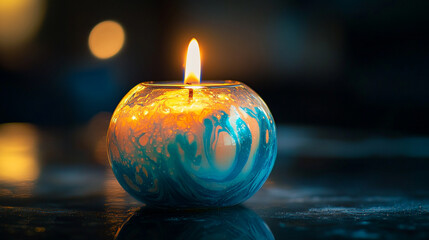 Decorative candle with warm flame and colorful swirls in a dim setting during evening