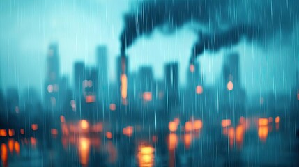 Obraz premium Acid rain climate change concept. A blurred city skyline with smokestacks releasing dark smoke under rainy weather.