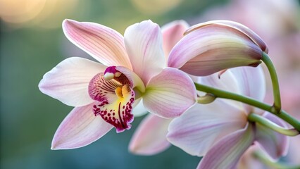 Fototapeta premium Orchid in Gentle Light: Soft-hued orchid blossoms exude elegance under delicate lighting. A close-up showcases intricate details and the serene beauty of nature's artistry.