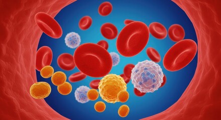 Fototapeta premium A vibrant 3D visualization of blood cells, including red blood cells, white blood cells and cholesterol particles flowing through a vein