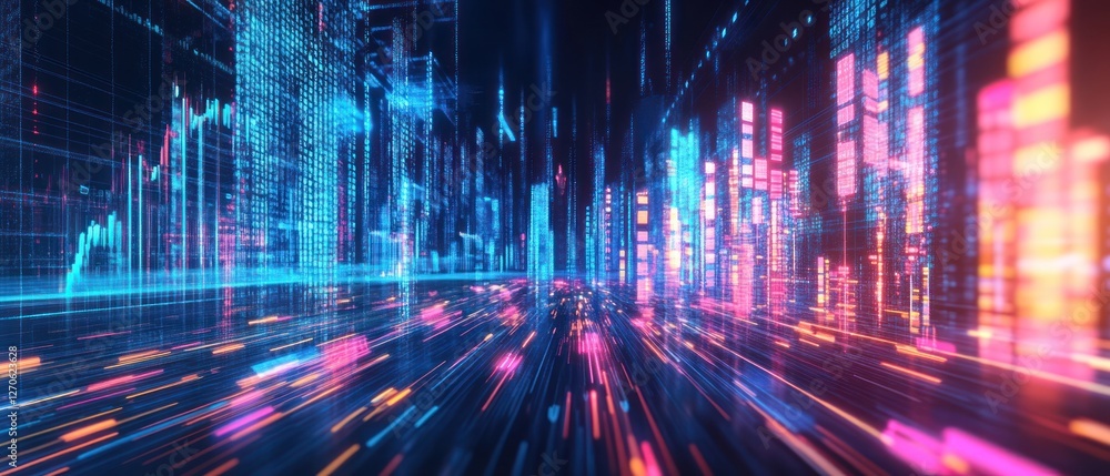 Poster futuristic cityscape with vibrant neon lights and data visualizations, creating a dynamic digital at