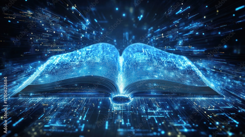 Poster an open book radiating digital particles, symbolizing the fusion of knowledge and technology in a fu