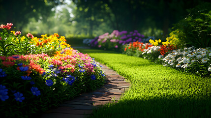 Obraz premium Sun Drenched Garden Path with Colorful Flowers in Full Bloom on a Beautiful Sunny Day