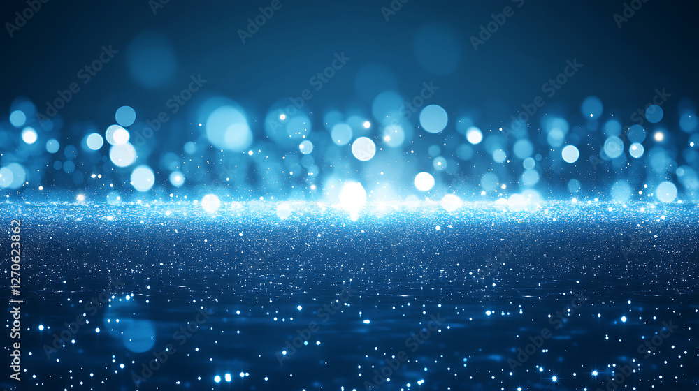 Poster ethereal blue light particles gleaming abstract background with bokeh effect and shining sparks