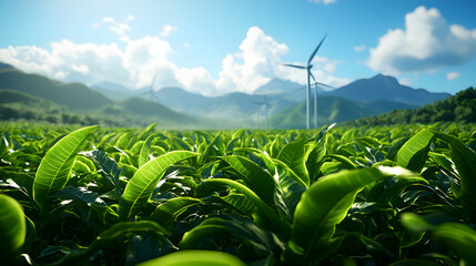 Lush Green Tea Field with Wind Turbines Against Blue Sky in Bright Daylight