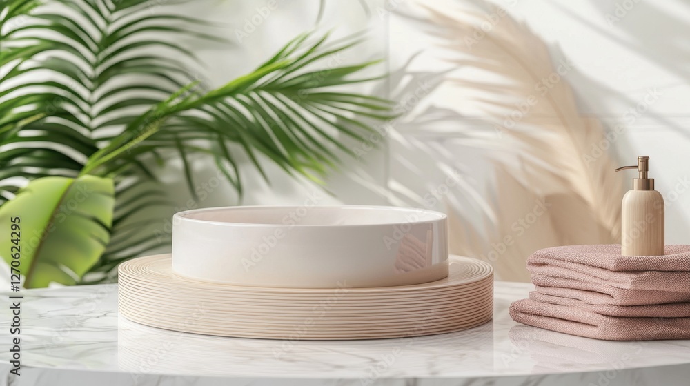 Aufkleber a minimalistic abstract scene featuring a soft gray background with a modern white circular podium f