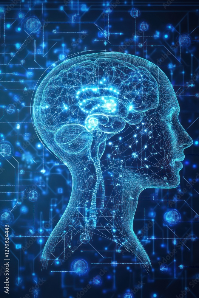 Poster futuristic digital representation of a human brain interconnected with glowing circuits and data pat