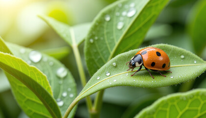  Ladybug on a Dew-Covered Leaf in Morning Sunlight
