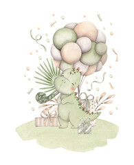 Dinosaurs Birthday Party. Watercolor hand-drawn illustration with little dino, tropical plants, balloons, gifts and confetti.