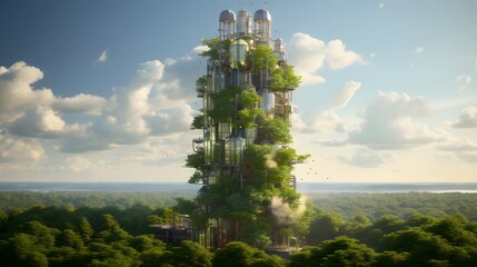 Obraz premium Futuristic green skyscraper with integrated carbon capture and CO2 filtering systems set against the modern cityscape in a sustainable eco friendly urban environment