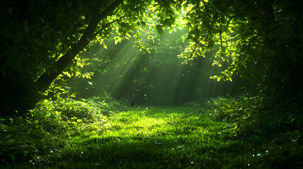 Obraz premium Sun Rays Illuminating a Green Forest Path with Lush Foliage and Natural Beauty