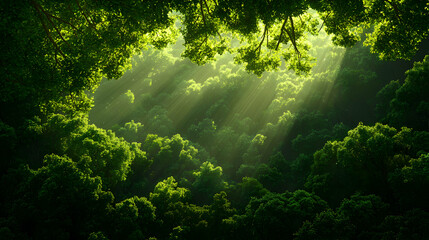 Obraz premium Lush Green Forest Canopy Illuminated by Golden Sunrays Bursting Through the Dense Trees