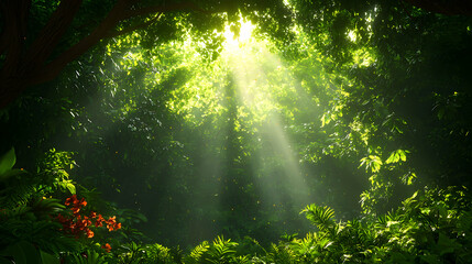 Obraz premium Sun Rays Shining Through Dense Green Forest Canopy Creating a Serene and Vibrant Natural Scene