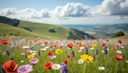 Wildflowers Blooming in a Green Hillside Landscape