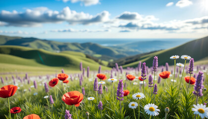 Fototapeta premium Wildflowers Blooming in a Green Hillside Landscape