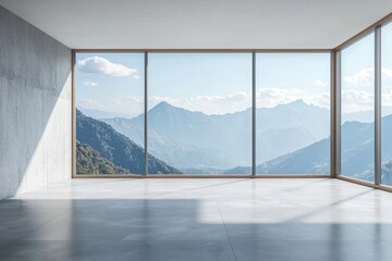 A large, open concrete space with tall glass windows overlooking trees and grass. Sunlight shines through the windows