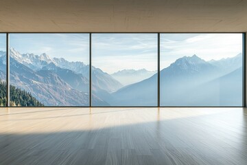 A large, open concrete space with tall glass windows overlooking trees and grass. Sunlight shines through the windows