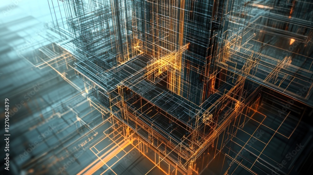 Poster abstract digital architecture showcasing intricate geometric structures with glowing lines and 3d de