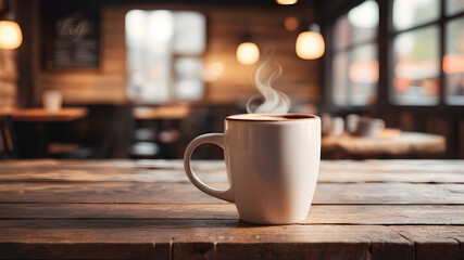 Cozy ceramic coffee mug mockup on a rustic wooden table with a blurred café background. Blank space for branding. Steam rises from the hot beverage, creating a warm and inviting atmosphere.