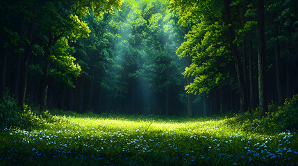 Obraz premium Sun Rays Through Green Forest Canopy with Wildflowers on Meadow Creates a Serene Landscape