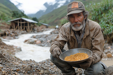 Traditional gold miner manually extracting gold in a rural mining site, using simple tools, surrounded by earthy terrain and wooden mining structures.