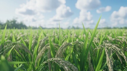 Obraz premium Lush Green Rice Field Under Bright Blue Sky with Fluffy Clouds