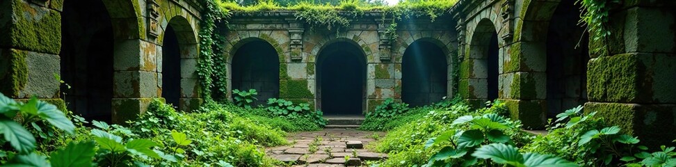 Forgotten mausoleum overgrown with moss and vines, Asia, mausoleum, mosaic