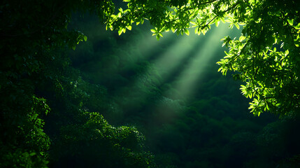 Sun Rays Through Lush Green Tree Canopy in Verdant Forest Illuminating Woodlands