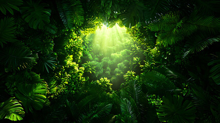 Obraz premium Lush Green Forest Canopy View with Sunlight Breaking Through the Leaves and a Dense Tree Canopy