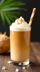 Vietnamese iced coconut coffee with whipped cream in tall glass with straw on rustic wooden table surrounded by coffee beans and coconut against soft neutral background concept of coffee shop beverage
