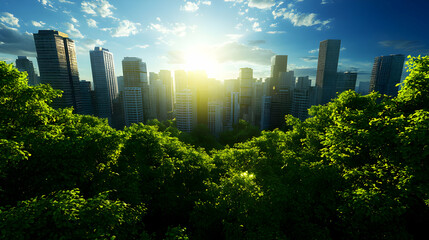 Lush Green Trees Framing a Distant Cityscape Bathed in Sunlight Under a Blue Sky