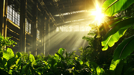Obraz premium Lush Green Tropical Foliage Bathed in Golden Sunlight with Warm Rays Through Window